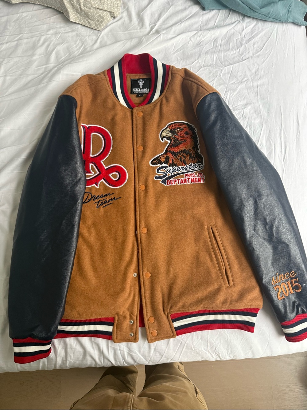 Rebel Minds Varsity Jacket XL Brown Navy Streetwear Letterman”